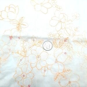 Vintage Embroidered Linen Fabric 1.6 yard White Peach Floral Sequins Lightweight